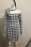 Black Sexy Print Patchwork Oblique Collar Wrapped Skirt Dresses