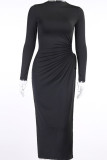 White Sexy Solid Hollowed Out Frenulum Fold Mandarin Collar Long Sleeve Ankle Length Pencil Skirt Dresses