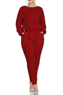 Red venetian England Solid Two Piece Suits Patchwork diamonds pencil Long Sleeve