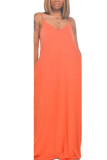 Orange Fashion Casual adult Ma'am Spaghetti Strap Sleeveless V Neck Swagger Floor-Length Solid backless Dresses