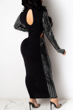Blue Sexy Solid Hollowed Out Sequins Split Joint Frenulum O Neck Pencil Skirt Dresses