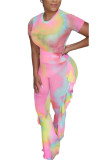 Pink Milk Silk Fashion adult Ma'am Street Patchwork Print Two Piece Suits Straight Short Sleeve Two Pieces