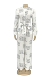 White Casual Print Letter Turndown Collar Loose Jumpsuits