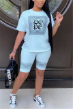 Blue Fashion Casual Short Sleeve O Neck Regular Sleeve Regular Print Two Pieces