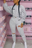 Red Fashion Casual Letter Solid Ripped Embroidered Bandage Letter Strap Design O Neck Long Sleeve Regular Sleeve Regular Two Pieces