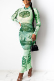 Grey Fashion Sexy adult Ma'am Cap Sleeve Long Sleeves O neck Step Skirt Ankle-Length Print Mesh Dresses
