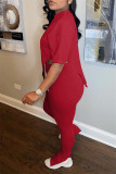 Red Fashion Casual Solid Slit Asymmetrical O Neck Short Sleeve Two Pieces