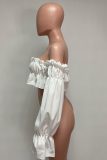 White One word collar Long Sleeve Solid Draped Tops