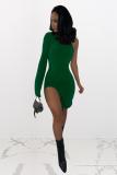 Green Fashion adult Street One Shoulder Long Sleeves one shoulder collar Step Skirt Knee-Length