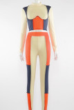 Apricot Casual Print Patchwork O Neck Long Sleeve Two Pieces