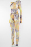 Colour Casual Print Hollowed Out Patchwork Tie-dye O Neck Long Sleeve Two Pieces