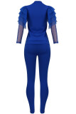 Blue Fashion Casual Adult Solid Patchwork See-through O Neck Long Sleeve Hubble-Bubble Sleeve Regular Two Pieces