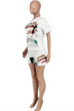 White Fashion Casual Print Basic O Neck Short Sleeve Two Pieces