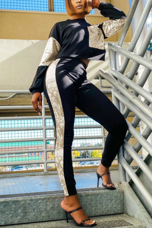Black Sexy Street Solid Sequins Patchwork O Neck Long Sleeve Two Pieces