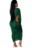 Green Sexy Cap Sleeve Long Sleeves O neck Step Skirt Ankle-Length hollow out asymmetrical Solid