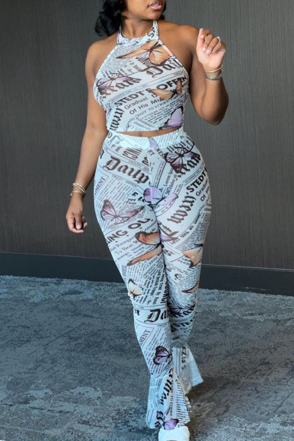 White Fashion Sexy Print Backless Halter Sleeveless Two Pieces