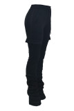 Dark Blue Casual Solid Pocket Fold Boot Cut Patchwork Bottoms