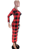 Red and white OL Cap Sleeve Long Sleeves O neck A-Line Mid-Calf Plaid Print