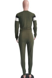 Army Green Casual Patchwork Striped Two Piece Suits Straight Long Sleeve Two-piece Pants Set