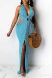 Rose Red Fashion Sexy Solid Hollowed Out Backless Slit Halter Sleeveless Dress