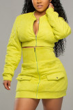 Yellow Sexy Round Collar Zipper Two Piece Suit
