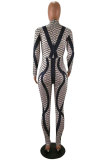 Grey Polyester Elastic Fly Long Sleeve Mid Print Patchwork pencil Capris Jumpsuits & Rompers