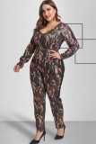 Camouflage Polyester Sexy O Neck Patchwork Zippered Sequin Floral Stitching Plus Size Jumpsuits