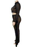 Black Fashion Sexy Solid Patchwork See-through Turtleneck Plus Size Two Pieces