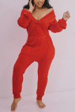 Red Sexy Casual Polyester Spandex Cotton Blends Solid V Neck Loose Jumpsuits