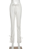 White Casual Street Solid Fold Without Belt Regular Low Waist Pencil Bottoms
