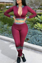 Wine Red Spandex Fashion Casual adult Ma'am Patchwork Solid Two Piece Suits pencil Long Sleeve Two Pieces