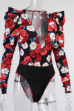 Red Sexy Print Patchwork V Neck Skinny Bodysuits