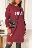Wine Red Fashion Casual Letter Print Basic O Neck Long Sleeve Dress