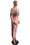 Pink adult Celebrities Fashion contrast color Embroidery Patchwork Two Piece Suits Sequin Strai