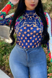 Blue Sexy Print Patchwork Turtleneck Tops