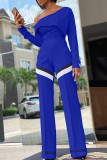 Blue Fashion Casual Striped Patchwork Oblique Collar Long Sleeve Two Pieces