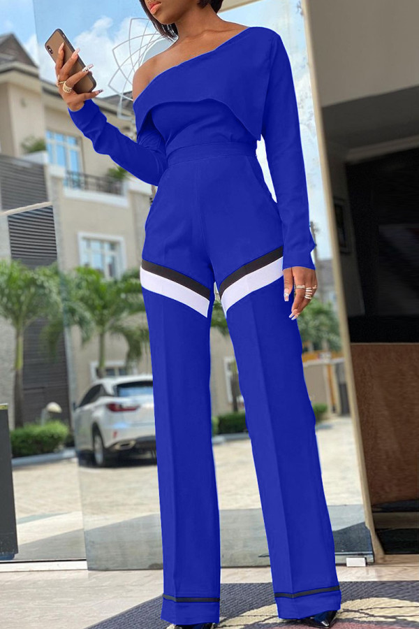Blue Fashion Casual Striped Patchwork Oblique Collar Long Sleeve Two Pieces