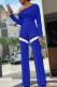 Blue Fashion Casual Striped Patchwork Oblique Collar Long Sleeve Two Pieces
