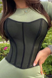 Black Sweet Patchwork See-through Backless Mesh Strapless Mid Waist Tops