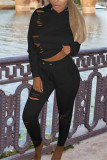 Black Fashion Casual Solid Ripped Hooded Collar Long Sleeve Two Pieces