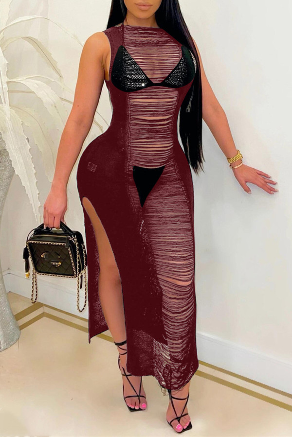Burgundy Sexy Solid Hollowed Out Slit O Neck Sleeveless Dress