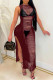 Burgundy Sexy Solid Hollowed Out Slit O Neck Sleeveless Dress
