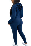 Dark Blue Casual Solid Patchwork Hooded Collar Long Sleeve Regular Sleeve Short Two Pieces