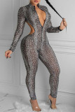 Snake Print Fashion Print Patchwork Backless O Neck Regular Jumpsuits