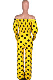 Yellow venetian Casual Dot Print Two Piece Suits Patchwork Straight Long Sleeve Two-piece Pants Set
