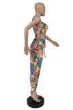 Multicolor Sexy Print Hollowed Out Backless Strap Design Halter Sleeveless Two Pieces