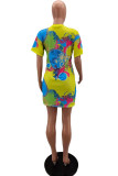 Yellow Fashion Casual Print Basic O Neck Short Sleeve Dress