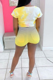 Yellow Fashion Sexy adult Ma'am Print Tie Dye Two Piece Suits Straight Short Sleeve Two Pieces