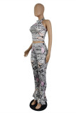White Fashion Sexy Print Backless Halter Sleeveless Two Pieces