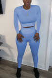 Baby Blue Fashion Sexy Adult Polyester Solid Split Joint O Neck Long Sleeve Regular Sleeve Regular Two Pieces